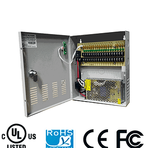 SAXXON PSU1210D18 - Fuente de Poder de 12 vcd/ 10 Amperes/ Para 18 Camaras/ 0.55 Amperes por Canal/ Protección contra Sobrecargas/ Certificación UL/