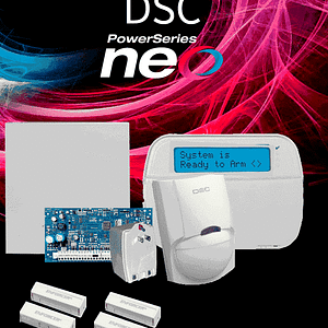 DSC NEO-LCD-SB - Paquete SERIE NEO con panel HS2032 de 8 zonas cableadas expandible a 32 / Teclado Alfanumérico HS2LCDN / Sensor PIR LC-200 Cableado / 2 contactos blancos  cableados / Transformador / Gabinete GTVCMX003 / Sin Batería #PLANDEBENEFICIOS