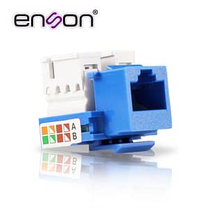 CONECTOR JACK ENSON ENS-JC6BL CAT6 COLOR AZUL A 90 GRADOS PONCHADO CON PINZAS Y CUBREPOLVO.