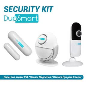 KIT DE SEGURIDAD BÁSICA DEL HOGAR, SECURITY KIT DUOSMART. INCLUYE: 1 PANEL DE ALARMA C10, 1 SENSOR MAGNÉTICO CSD1 Y 1 CÁMARA E10