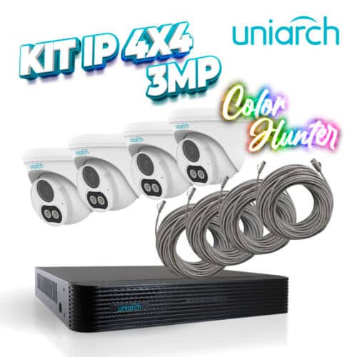 KIT 4X4 UNIARCH IP EXTERIOR TURRET COLOR HUNTER 3MP MIC INCLUIDO IPC67 INCLUYE 1 NVR POE 4PTOS + 4 CAM TURRET IP 3MP 2.8MM + 4 CABLES PREPONCHADOS DE 18MTS