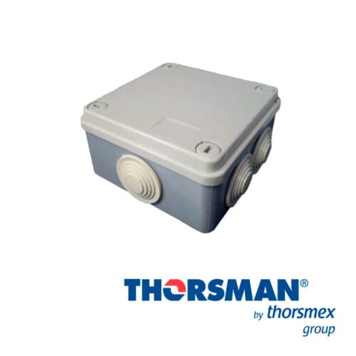 CAJA ESTANCA IP55 THORSMAN 20000-00001 DIMENSIONES 100x100x50 mm IDEAL PARA CCTV, CAJA DE REGISTRO Y TAPA CON TORNILLOS DE AJUSTE DE 1/4 DE VUELTA, COLOR GRIS, CONOS PARA TUBO DE 3/4” DIÁMETRO MÁXIMO, CUENTA CON 6 ENTRADAS, GRADO DE PROTECCIÓN IP 55, RESISTENCIA AL IMPACTO IK 08, RESISTENCIA AL HILO INCANDESCENTE: 650O MATERIA PRIMA: ABS CERTIFICACIONES/NORMAS/PRUEBAS, CUMPLE CON LA NORMA: EN 60670-22