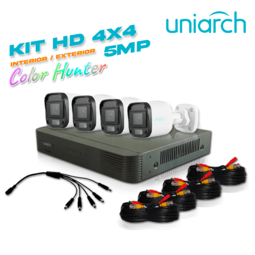 KIT UNIARCH 4X4, 5 MEGAPIXELES  4 CÁMARAS ANALÓGICAS TURRET INTERIOR / EXTERIOR 5MP / LENTE FIJO 2.8MM / 12VDC / IP67 / 20M IR / DWDR / PLASTICA / TECNOLOGIA COLORHUNTER VIDEO A COLOR 24/7, 1 DVR PENTAHIBRIDO UNIARCH XVR-104G3, 4 CAMARAS UAC-T115-F28-W COLORHUNTER, 4 CABLES PREPONCHADOS DE 18 MTS Y UN PULPO DE 5 SALIDAS