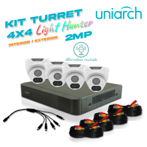 KIT UNIARCH 4X4 CALIDAD 2MP ANALOGICO 4 CÁMARAS ANALÓGICAS LIGHTHUNTER TURRET INTERIOR / EXTERIOR 2MP / LENTE FIJO 2.8MM / 12VDC / IP67 / 20M IR / DWDR / METAL PLASTICA / MIC INCLUIDO / DEFOG / 3 AXIS, 1 DVR PENTAHIBRIDO XVR- 104G3 , 4 CABLES PREPONCHADOS DE 18 MTS Y UN PULPO DE 5 SALIDAS