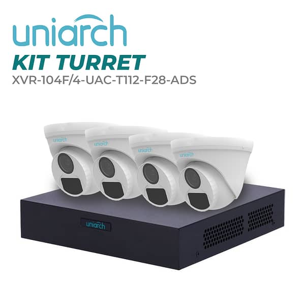 KIT UNIARCH TURRET 2 MP / 4 CÁMARAS TIPO TURRET ANÁLOGAS 2 MP INTERIOR / EXTERIOR / IP67 / LENTE FIJO 2.8 MM / 1XVR-104F CON CABLES, FUENTE DE PODER Y PULPO DE 1 A 4