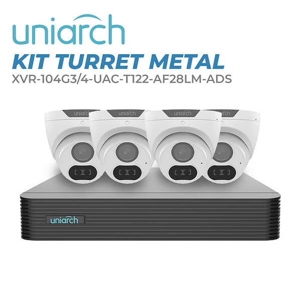 KIT UNIARCH TURRET 2 MP / 4 CÁMARAS TIPO TURRET DE METAL / MICRÓFONO INCLUIDO / ANÁLOGAS 2 MP / INTERIOR/EXTERIOR / IP67 / COLOR HUNTER VIDEO A COLOR 24/7 / 1 XVR-104G3 CON CABLES, FUENTE DE PODER Y PULPO DE 1 A 4