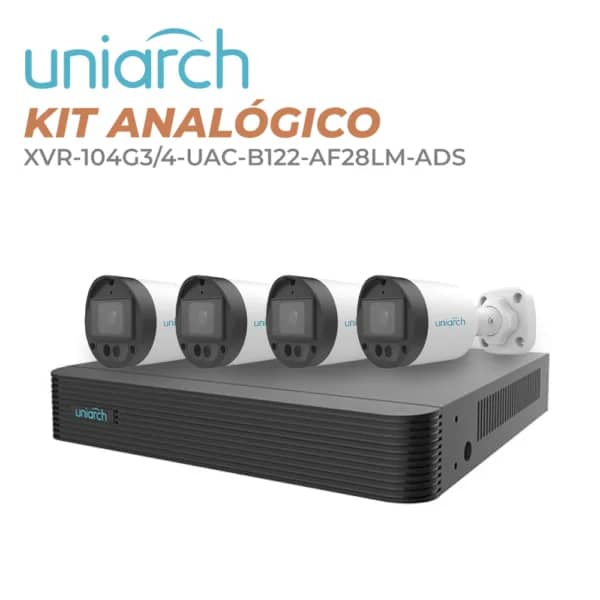 KIT EN CAJA BULLET UNIARCH 2 MP KIT/XVR-104G3/4-UAC-B122-AF28LM-ADS / 4 CÁMARAS TIPO BULLET ANÁLOGAS 2 MP / INTERIOR / EXTERIOR / MICRÓFONO EMBEBIDO / LENTE FIJO 2.8 MM / 12 VCD / IP67 / 20 MTS IR / DWDR / 1 XVR-104G3 / CON CABLES / FUENTE DE PODER Y PULPO DE 1 A 4