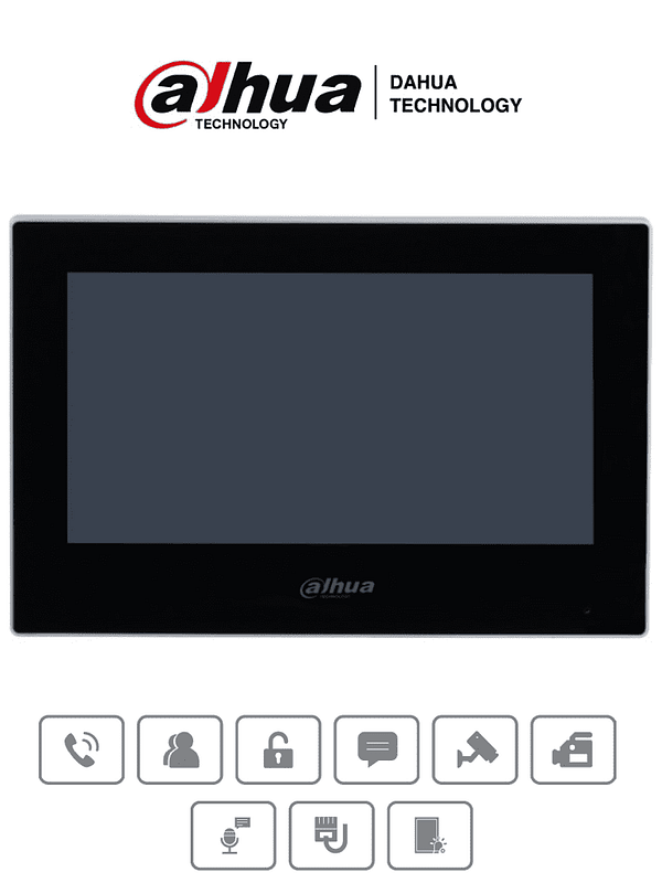 DAHUA VTH2621G-P - Monitor IP Touch de 7 Pulgadas/ Serie Lite/ Negro/ Poe Estándar/ 6&1 E&S de Alarmas/ Uso Interior/ Modo No Molestar/ H.265/ Soporta Hasta 4 Frentes de Calle y 4 Monitores Adicionales/
